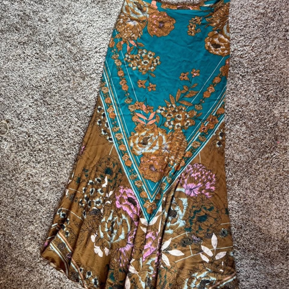 Free People Floral Maxi Skirt - Teal and Brown